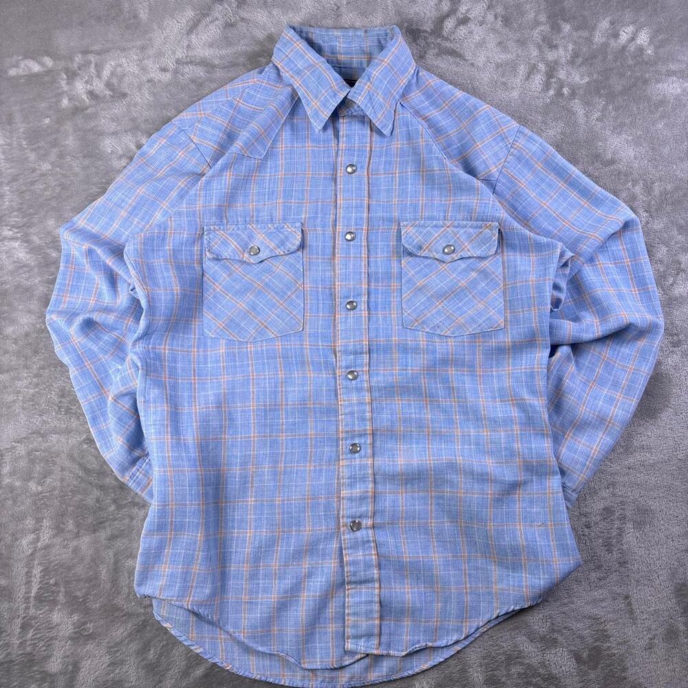 Vintage 1970s JCPenney Western Shirt Mens Medium Blue Plaid Pearl Snap MW Collar